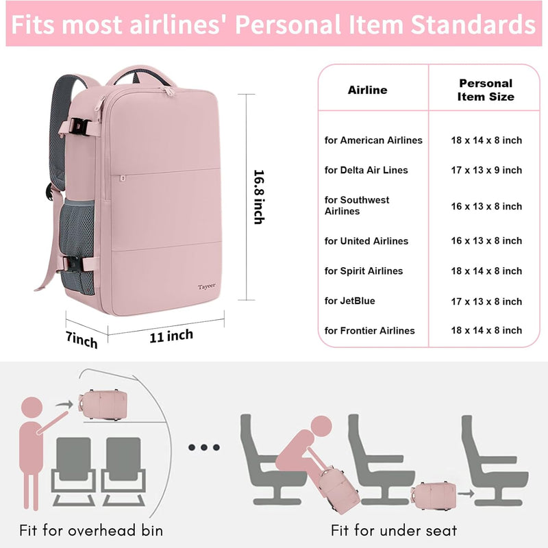 Taygeer Travel Backpack for Women, Carry On Backpack with Water Bottle Pocket & Shoe Pouch, TSA 15.6inch Laptop Mochila Flight Approved, Nurse Bag Casual Daypack for Weekender Business Hiking, Pink