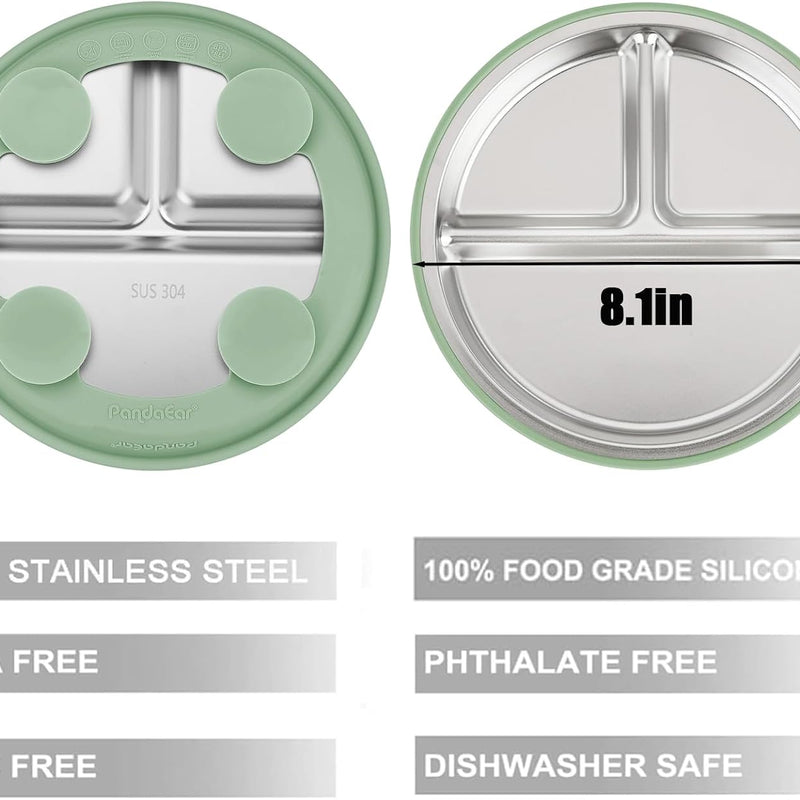 PandaEar 2 Pack Stainless Steel Baby Suction Plates & 2 Pack Spoons, Toddler Utensils Baby Feeding Set, Divided Plates for Baby Led Weaning Supplies, BPA-Free (Blue/Green)