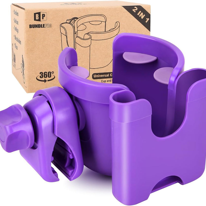 Universal Stroller Cup Holder with Mobile Phone Case, 2-in-1 Strollers Storage Rack, 360 Degrees Rotation Drink Holder for Bike, Pushchair, Wheelchair, Walker,Bicycle, Fits Most Cups