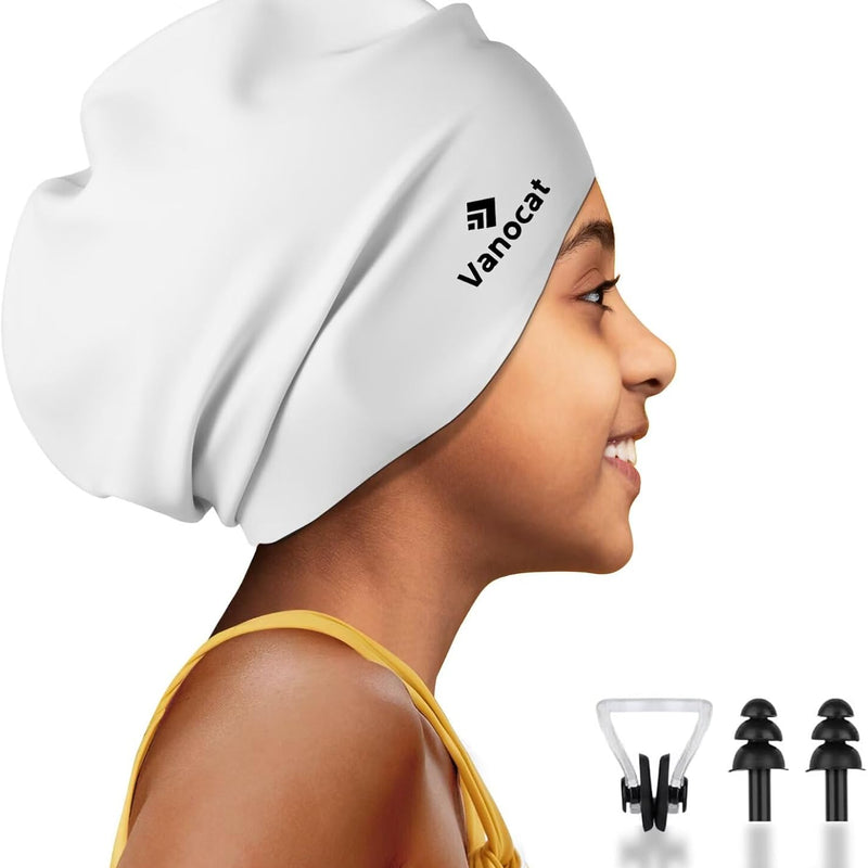 Kids Extra Large Swim Cap for Long Hair, Waterproof Silicone Swimming Caps for Boys Girls Children Youth Teen, Large Swim Hat for Long Thick Curly Hair & Dreadlocks Braids Weaves Afro Hair