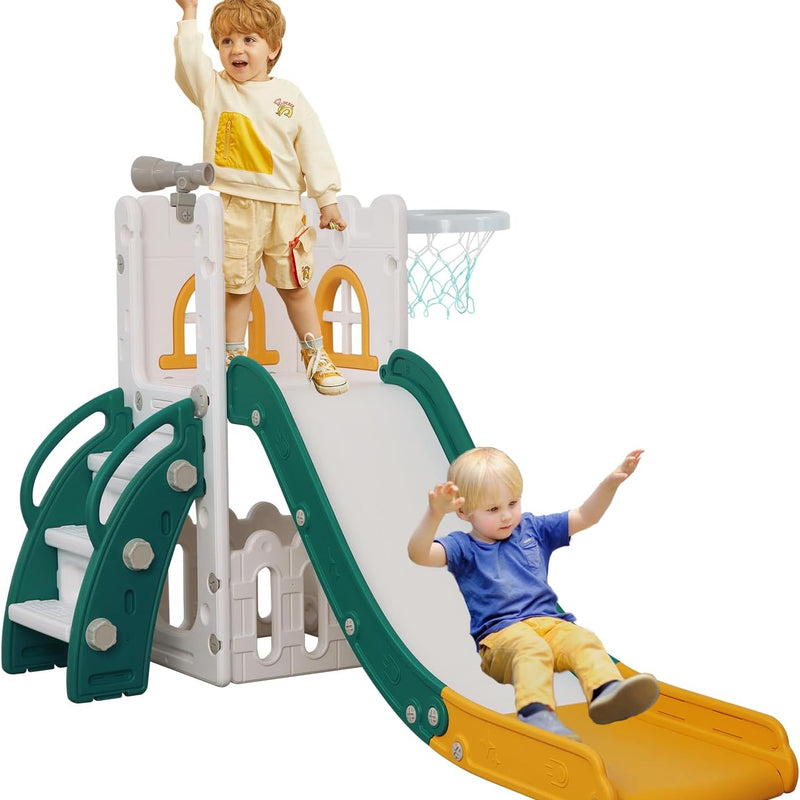 LulliSpace 6 in 1 Toddler Slide,Kids Climber Slider for Indoor Outdoor Playground with Basketball Hoop,Storage and Telescope,L Shaped Slide for Toddler Climber Playset