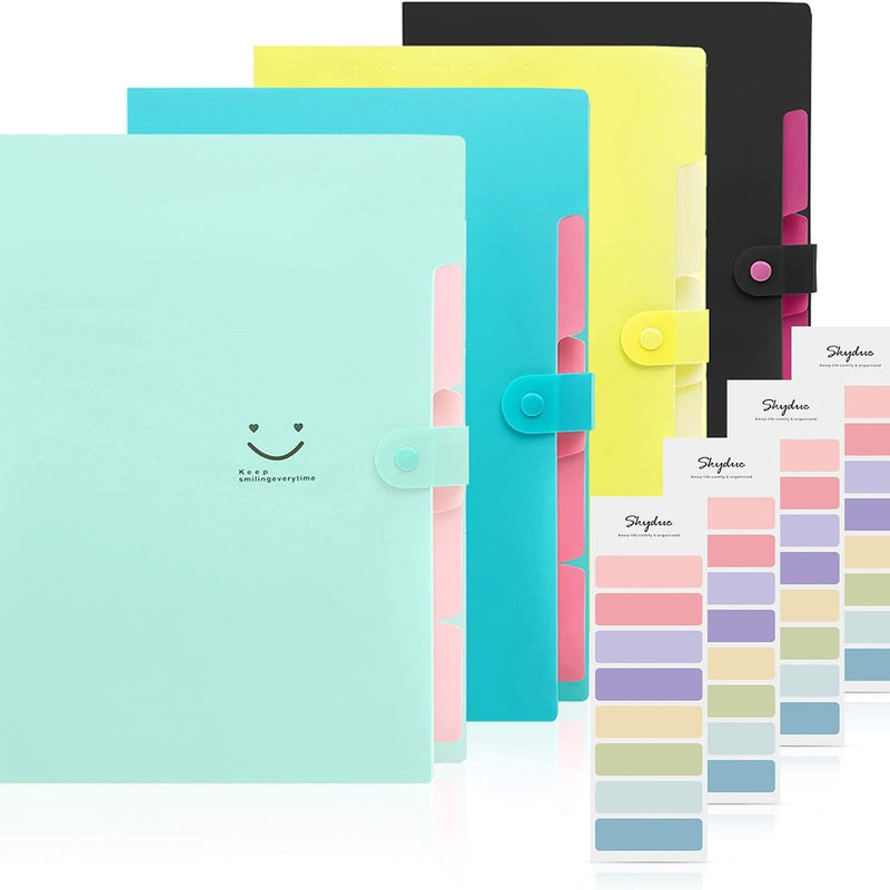 SKYDUE Expanding File Folders with 5 Pockets, Accordion File Organizer with 32 Labels, Portable Document Paper Organizer, Filing Folders, Letter / A4 Size, Pack of 4
