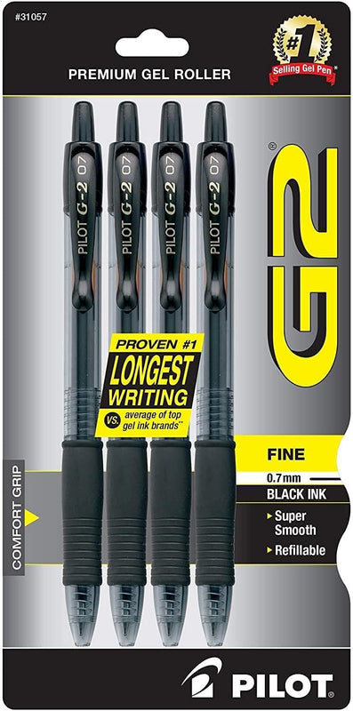 Pilot G2 Pens, Premium Refillable and Retractable Rolling Ball Gel Pens, Fine Point, 0.7mm, Black Ink, 4-Pack