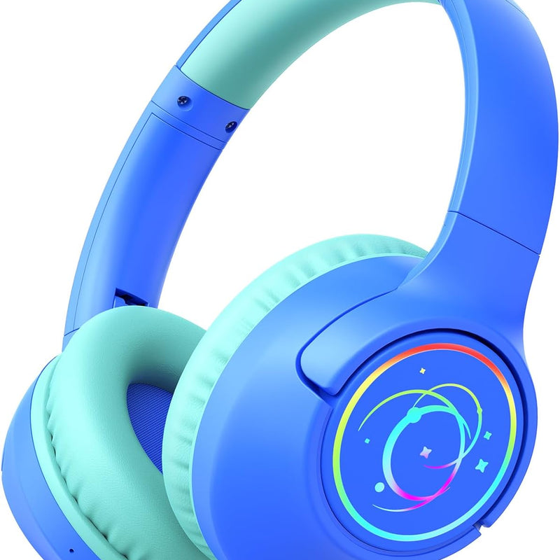 Kids Bluetooth Headphones with 85H Playtime, LED Lights, and 85/94dB Volume Limit, Blue