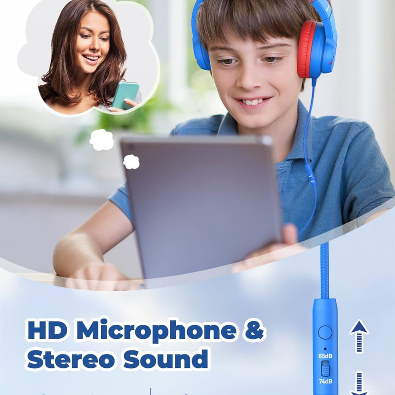 iClever Kids Over-Ear Headphones with Safe Volume Limited and HD Mic for School Travel and FunShare Foldable