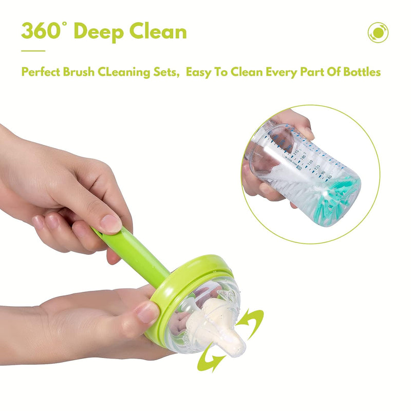 Baby Bottle Brush Kit with Suction Base, Hidden Cleaner & Sponge, Green | Suction baby bottle brush kit with hidden cleaner and sponge heads. Usage fit applies for compact bottles and cups.