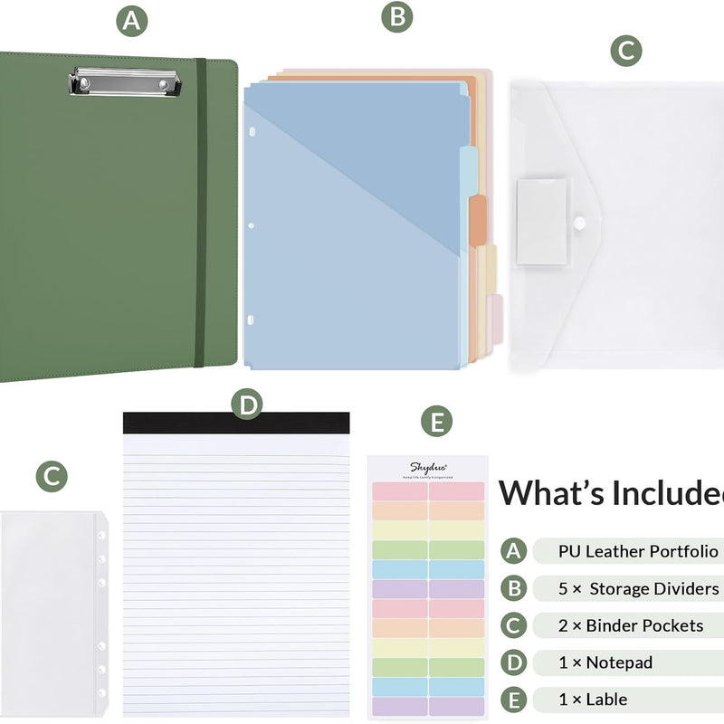 SKYDUE 3 Ring Binder with Clipboard, 13.2" × 10.2" Faux Leather 1 Inch Binder Organizer with 5 Pocket Dividers, Notepad, Labels & 2 Storage Pockets for Teachers, Students, Nurses & Office Work