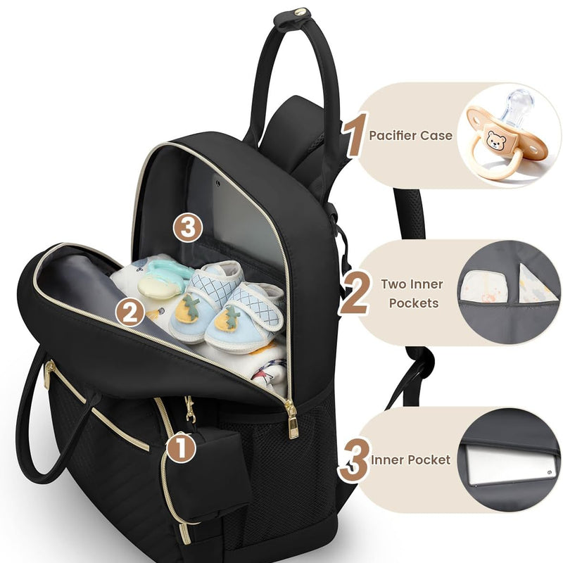 Pritent Diaper Bag Backpack, Baby Bag Backpack Baby Essentials for Mom Dad | With Pacifier Case, Diaper Bags, Baby Diaper Bag, Insulated Pocket, Diaper Backpack for Baby Girl Boy(Black,M)