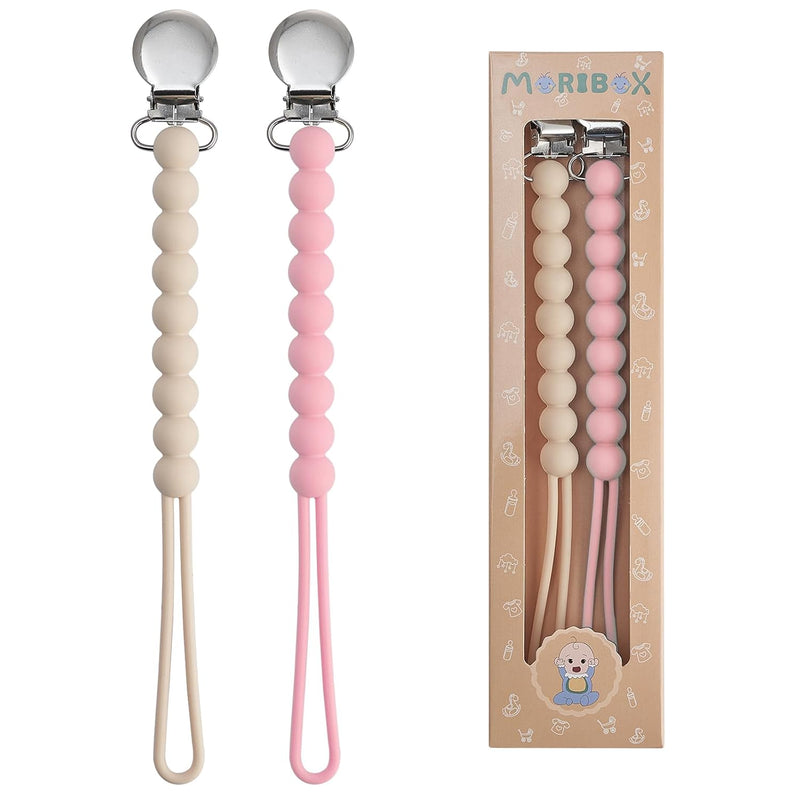Pacifier Clips Baby Girls - MORIBOX Paci Clip Soothe Baby Binky Holder for Shower Birthday Gift 2 Pack | Food Grade Silicone, One Piece Design, Soother Binky Holder, Teething Relief, Baby Shower, Birthday, Christmas, Baby Registry
