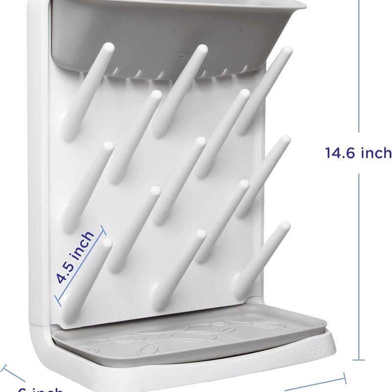 Ubbi Vertical Baby Bottle Drying Rack, Space Saving Countertop Bottle Dryer | 13-Peg Bottle Drying Rack Removable Drain Tray, Baby Organizer for Pump Parts, Pacifiers & Accessories, Dishwasher Safe, Gray