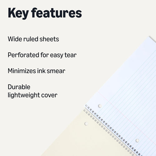 Amazon Basics Wide Ruled Spiral Notebook, For Work and School, 70 Sheets, 8" x 10.5", 3 pack, Assorted Pastel Solid Colors