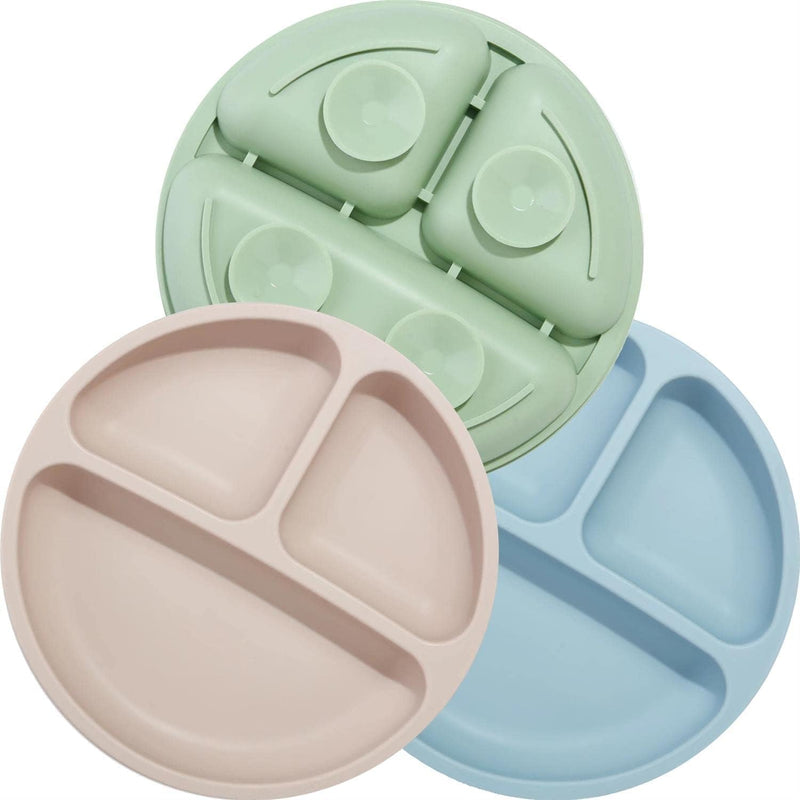 PandaEar 3 Pack Toddler Plates, Silicone Divided Suction Plate for Babies, BPA-Free 100% Food-Grade Silicone Unbreakable Baby Plate (Pink/Linen/Light Pink)