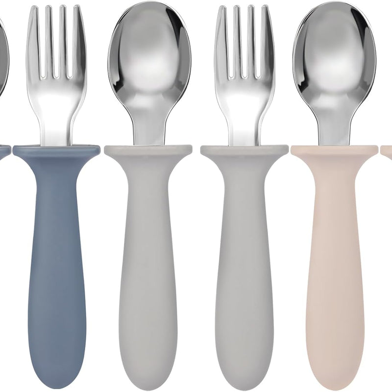 Eascrozn Toddler Utensils, 6 Pack Children Safe Forks and Spoons Set | kids Silverware Set with Silicone Handle, 18/8 Stainless Steel, BPA Free, Dishwasher Safe