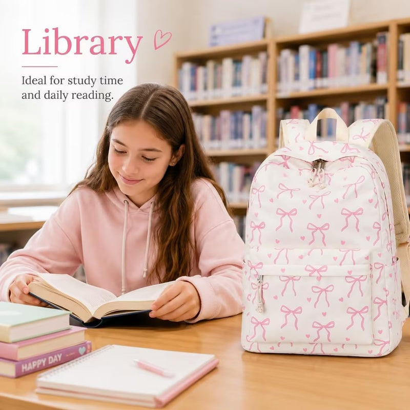LOIDOU Backpack for Girls School Backpacks Bookbags for Elementary Middle School Women Laptop Backpacks (Bow tie Beige, L-17)