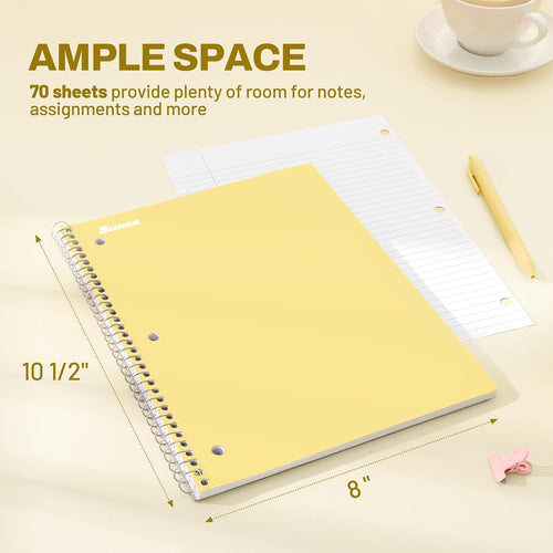 SUNEE Spiral Notebooks, 6 Pack, 1-Subject, College Ruled Paper, 8" x 10-1/2", 70 Sheets per Notebook, Assorted Pastel Colors Spiral Notebooks for School