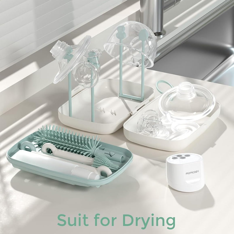 Momcozy 7-in-1 Baby Bottle Brush Set with Drying Rack, Green | Silicone Nipple Straw Brushes, Soap Dispenser Storage Box, Foldable Drain Rack, Portable Bag, BPA-Free, Home & Travel