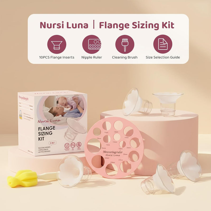 Nursi Luna Flange Sizing Kit, Flange Inserts for 24mm Breast Pumps, 10PCS | 13/15/17/19/21mm, Includes Nipple Sizer for Flanges to Find the Right Fit, Soft Silicone for Comfortable & Efficient Pumping