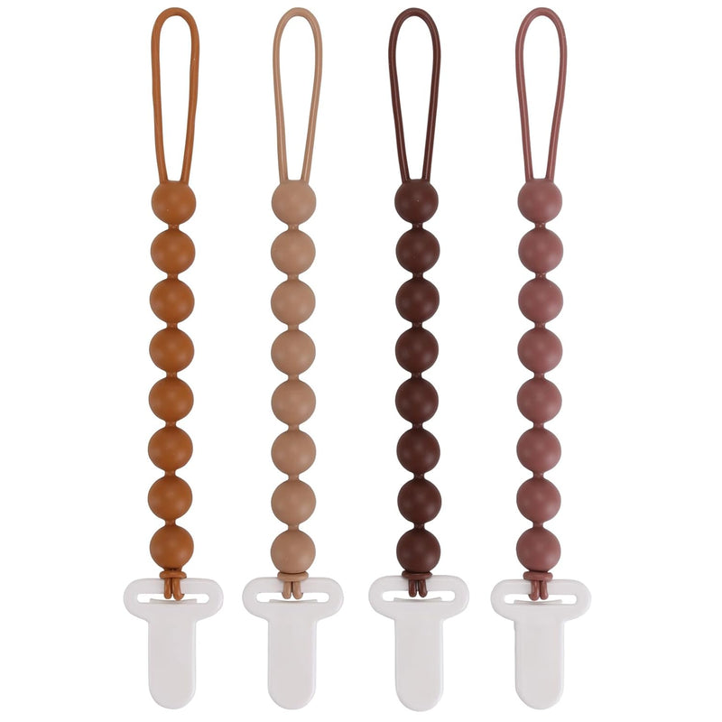 4-Pack Silicone Pacifier Clips with One-Piece Beads for Baby Boys and Girls - Flexible and Rust-Free Holders for Teething Relief and Baby Essentials, Safe for Newborns (Grey)