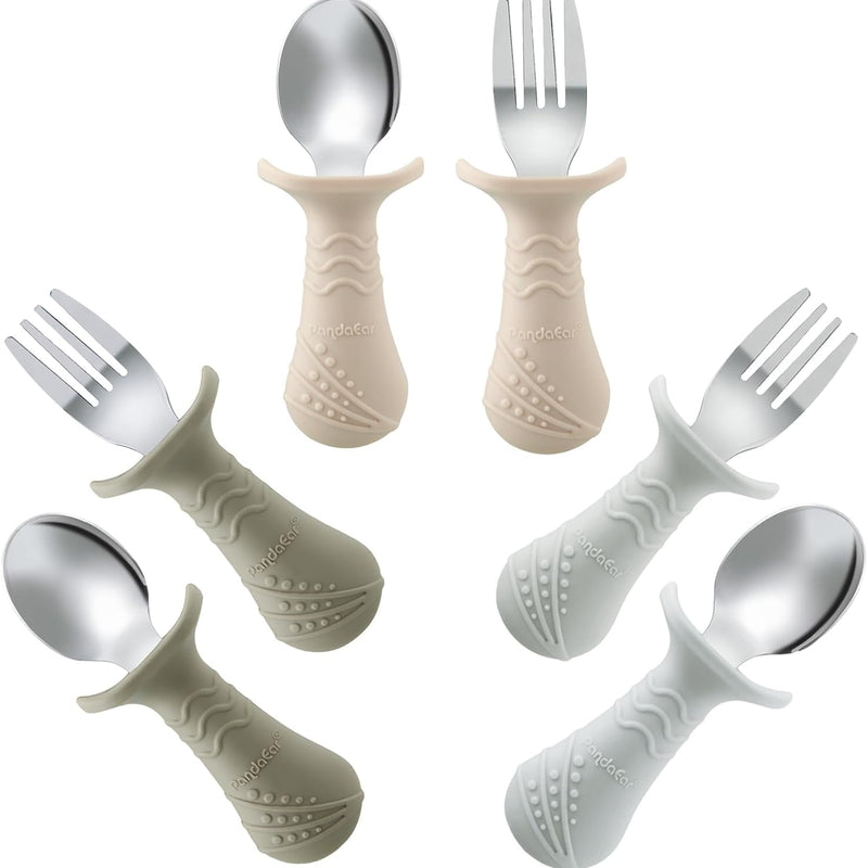 PandaEar Baby Toddler Fork and Spoon Utensil Set, 6 Pack Silicone Stainless Steel Silverware Spoon Fork for Babies Toddler, BPA Free with Silicone Holding Anti-Choke Design (Green Blue Brown)