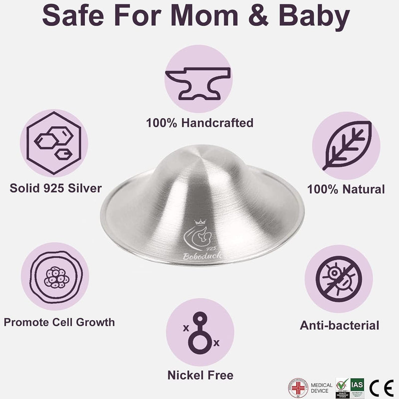 Boboduck The Original Silver Nursing Cups - Nipple Shields for Nursing Newborn, Newborn Breastfeeding Must Haves for Soothe and Protect Your Nursing Nipples - 925 Silver (Regular Size)