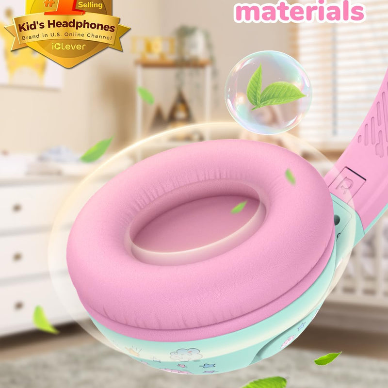 iClever BTH27 Toddler Headphones for 2+ Year Old Baby Kids Travel Study | SafeSound Tech3.0, 74H Playtime, Bluetooth 5.4, BPA Free, Aux, Soft Baby Headphones, Easy Operation, Adjustable, Green/Pink