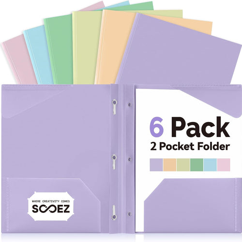 Sooez Folders with Pockets and Prong, 6 Pack, Pastels Colors, File Folders with Prongs, 2 Pocket Folders Bulk, Plastic Folder, School Folder College Supplies, Aesthetic Nursing Cute School Supplies