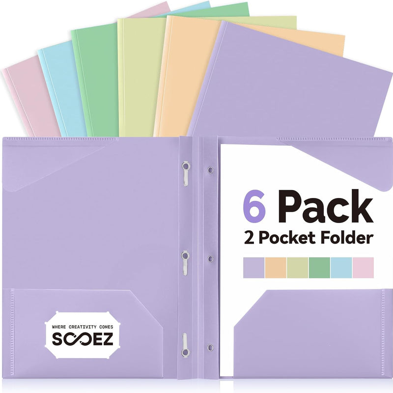 Sooez Folders with Pockets and Prong, 6 Pack, Pastels Colors, File Folders with Prongs, 2 Pocket Folders Bulk, Plastic Folder, School Folder College Supplies, Aesthetic Nursing Cute School Supplies