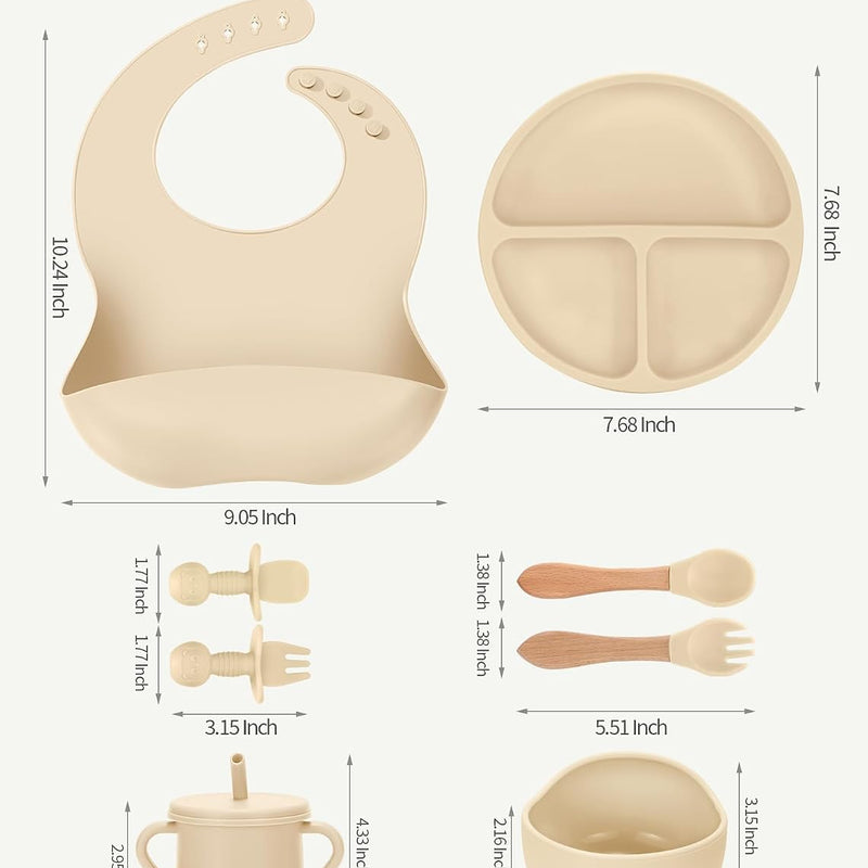 24 PCS Silicone Baby Feeding Set, Baby Led Weaning Supplies Includes Suction Bowls and Divided Plates, Adjustable Silicone Bib, Spoons&forks, Training cup with straw (Green+Brown+Beige)