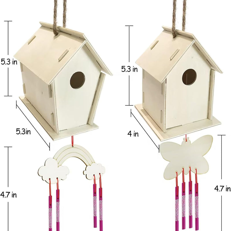 4 Pack DIY Bird House Wind Chime Kit for Crafts for Kids Ages 4-8 | Build and Paint Birdhouses Wooden Arts Kits Easter Basket Stuffers Gifts for Girls Kids Boys Toddlers Ages 3-5 4-6 6-8 8-12