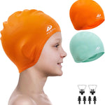 Alepo 2 Pack Kids Swim Caps for Boys Girls, Durable Silicone Swimming Cap with 3D Ear Pockets for Age 3-15 Toddler Child Youth Teen, Unisex Swim Bath Hats for Short/Long Hair with Ear Plugs Nose Clip