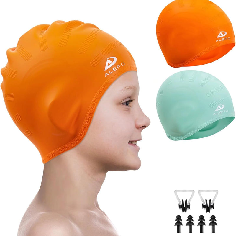 Alepo 2 Pack Kids Swim Caps for Boys Girls, Durable Silicone Swimming Cap with 3D Ear Pockets for Age 3-15 Toddler Child Youth Teen, Unisex Swim Bath Hats for Short/Long Hair with Ear Plugs Nose Clip