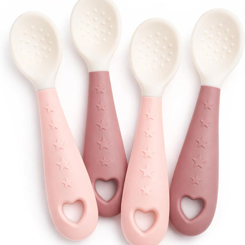 4-Pack Silicone Baby Spoons, Seposeve Soft Gum-Friendly First Feeding Spoons for Babies, Baby Feeding Utensils Essentials, Easy-Grip Handle, BPA Free, Dishwasher Safe, 2 Pink 2 Purple