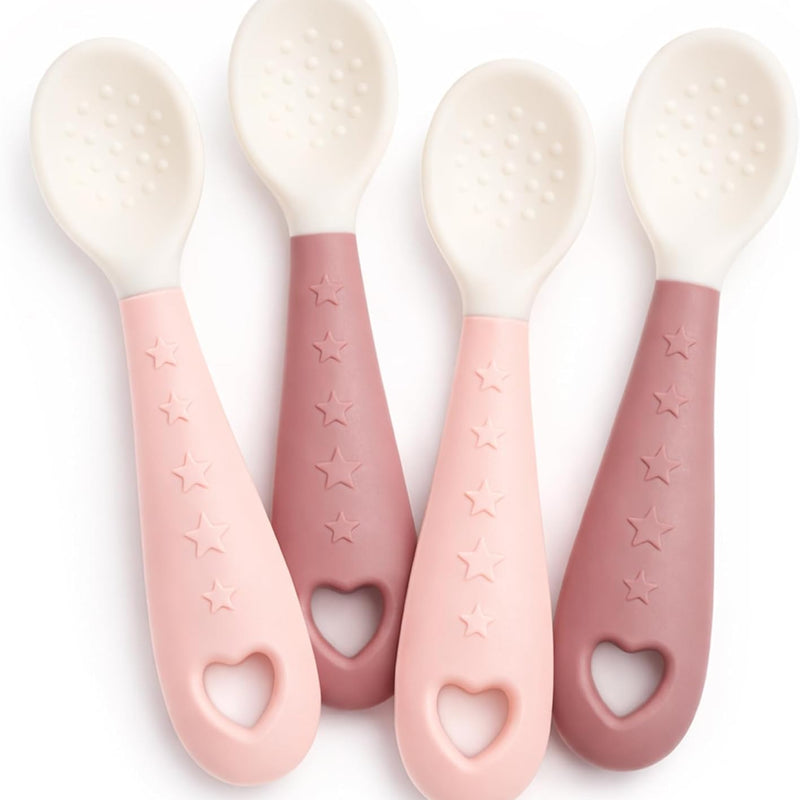 4-Pack Silicone Baby Spoons, Seposeve Soft Gum-Friendly First Feeding Spoons for Babies, Baby Feeding Utensils Essentials, Easy-Grip Handle, BPA Free, Dishwasher Safe, 2 Pink 2 Purple