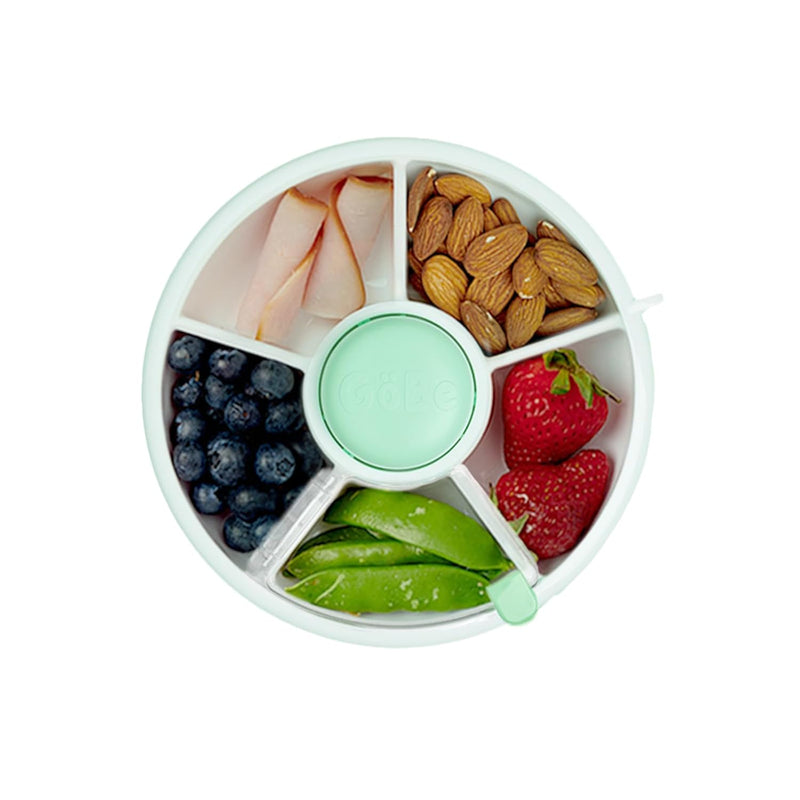 GoBe Kids Small Snack Spinner Flip Bundle with Hand Strap and Sticker Sheet - Reusable Snack Container with 5 Compartment Dispenser and Lid | BPA/PVC Free | Dishwasher Safe | No Spill- Macaron Blue