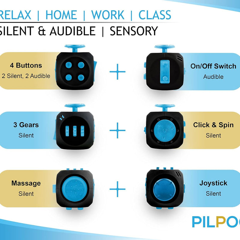 PILPOC theFube Fidget Cube, 6-Sided Stress Relief Infinity Cube for Adults & Kids, Boosts Concentration, Mindfulness Aid, Silent & Audible Modes, Stocking Suffers for Boys, Kids and Adults (Midnight)