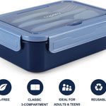 Caperci Classic Bento Box Adult Lunch Box for Older Kids - Leakpoof 47 oz 3-Compartment Containers for Adults and Teens, Built-in Utensil Set, Ideal for On-the-Go Balanced Eating, Navy Blue
