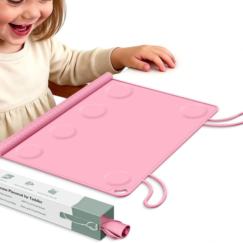 Silicone Placemat for Toddler Eating: Wipe Clean & Roll Up in The Diaper Bag - Table Mat for Restaurant/Travel/On-The-Go