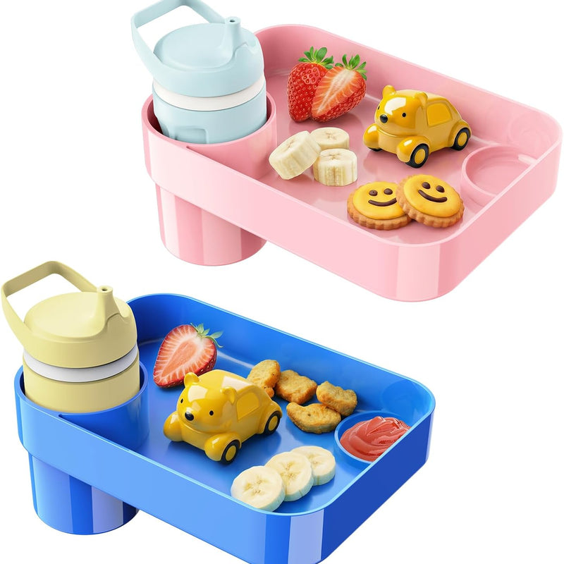 Car Seat Snack Tray for Toddlers - 3 Inch Cup Holder Fits Most Sippy Cups & Straw Bottles with Dip Well, Mess-Free Square Kids Travel Tray Road Trip Essentials, Black