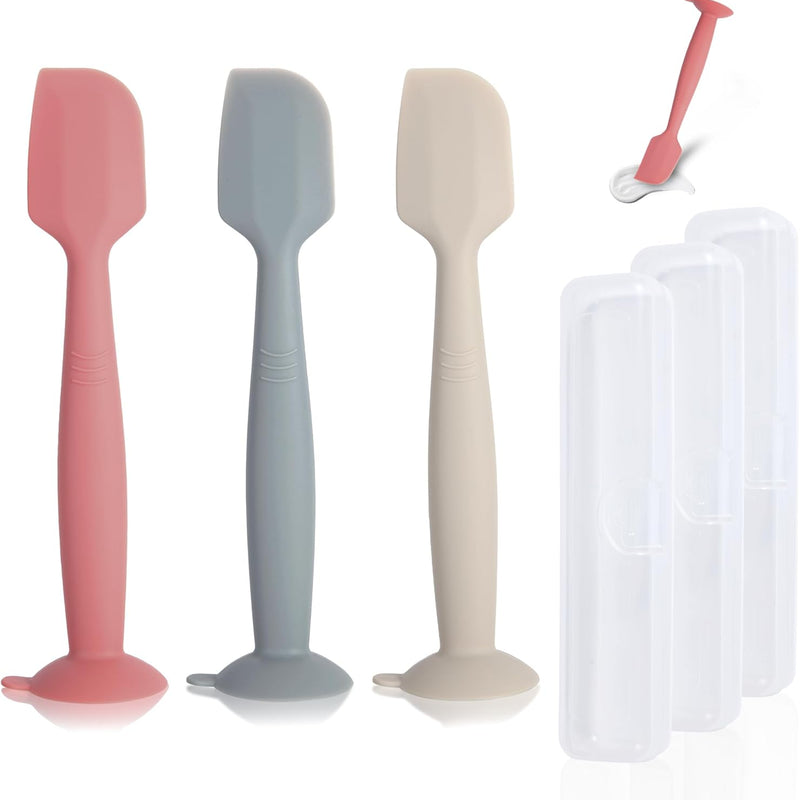 Baby Diaper Cream Spatula 3 Pack Diaper Spatulas Soft Silicone Diaper Cream Applicator Baby Butt Paste Spatula Brush with Suction Base,Full Size(Gray+Off-white+Green