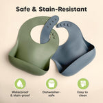 KeaBabies 2-Pack Silicone Bibs for Babies, Toddlers Girl, Boy (Slate) | Sturdy Food-Grade Baby Bibs for Eating, Large Food Catcher, Easy Clean & Put On, Waterproof Baby Feeding Essentials, BPA-Free