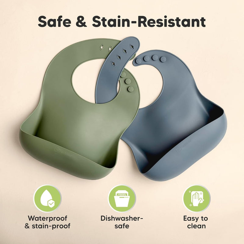 KeaBabies 2-Pack Silicone Bibs for Babies, Toddlers Girl, Boy (Slate) | Sturdy Food-Grade Baby Bibs for Eating, Large Food Catcher, Easy Clean & Put On, Waterproof Baby Feeding Essentials, BPA-Free