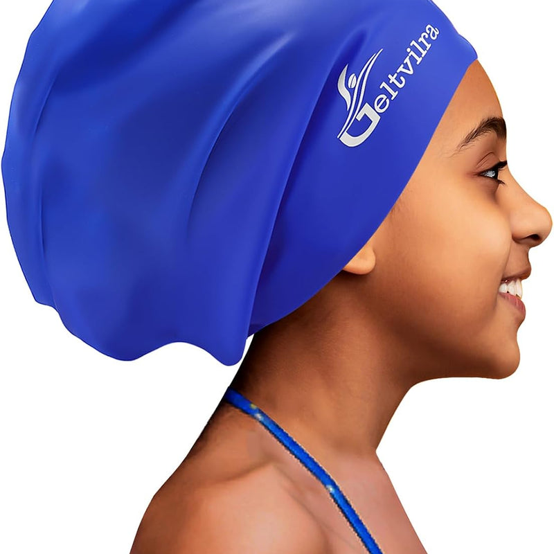 Extra Large Swim Cap for Kids Black Girls Aged 4 to 16 with Long Hair Braids Dreadlocks, Waterproof Silicone Swimming Hat Turban Hair Protection for Boys Toddler Children Youth