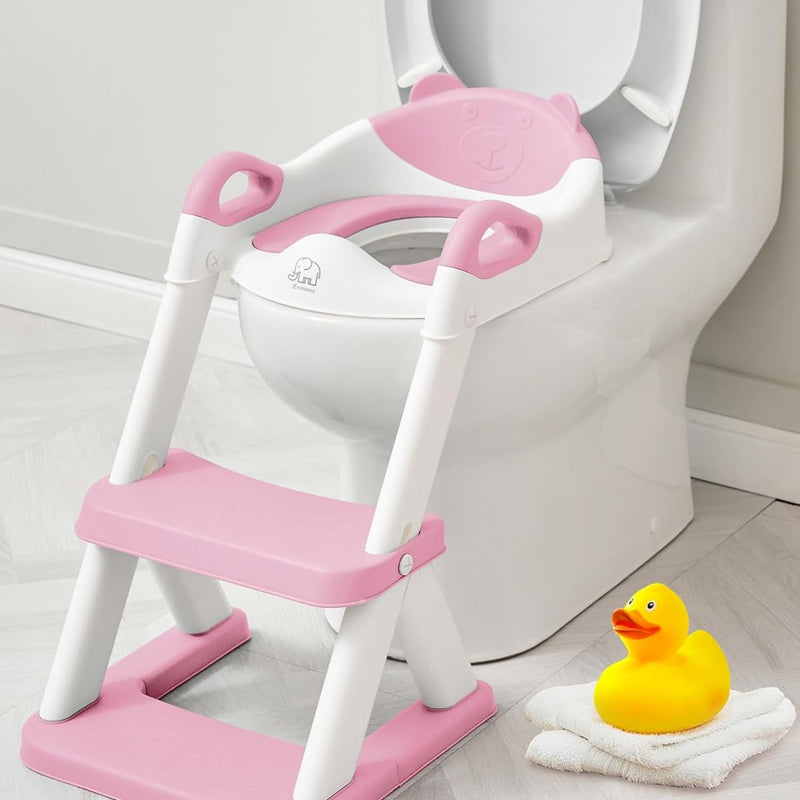 Forbena Potty Training Toilet Seat with Step Stool Ladder, Toddler Kids Potty Seat for Boys Girls, Non Slip Foldable Toilet Training Seat with Soft Cushion, Comfortable Handles (White-Grey)