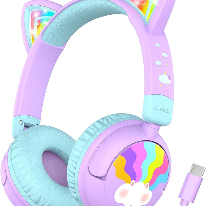 Cat ear headphones with led light up and 85dBA safe volume for kids, foldable and wireless compatible
