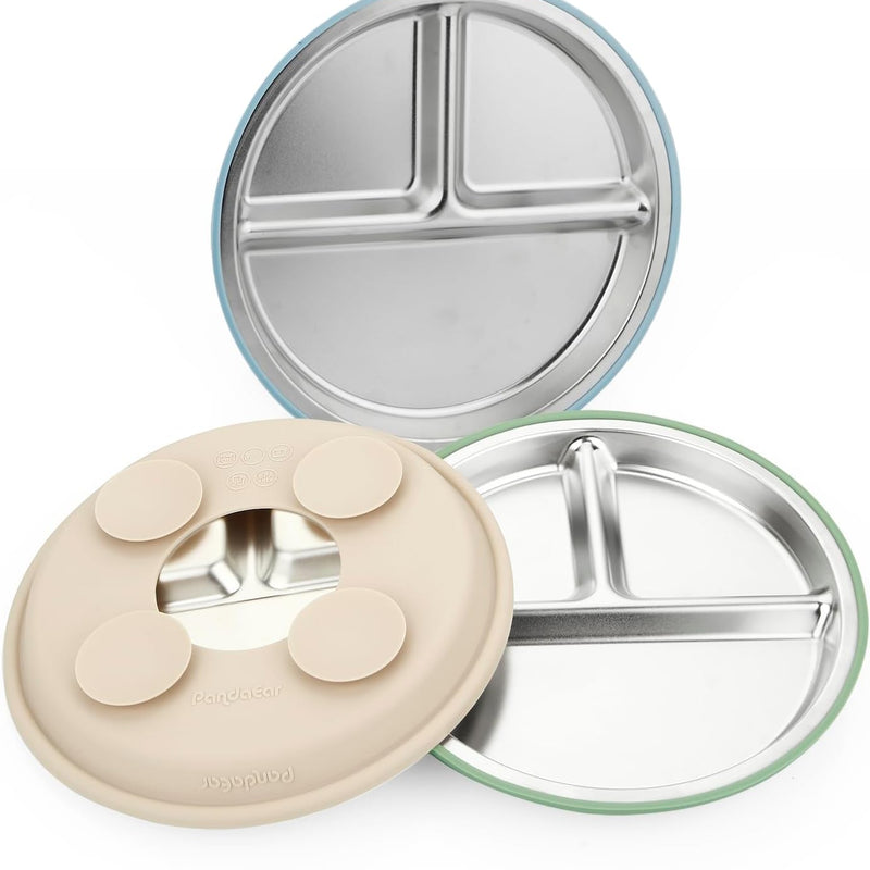 PandaEar 3 Pack Stainless Steel Baby Suction Plates, Divided Toddler Plate for Baby Led Weaning Supplies, Non-Slip Toddler Baby Feeding Set Dishwasher Safe (Blue/Green/Brown)