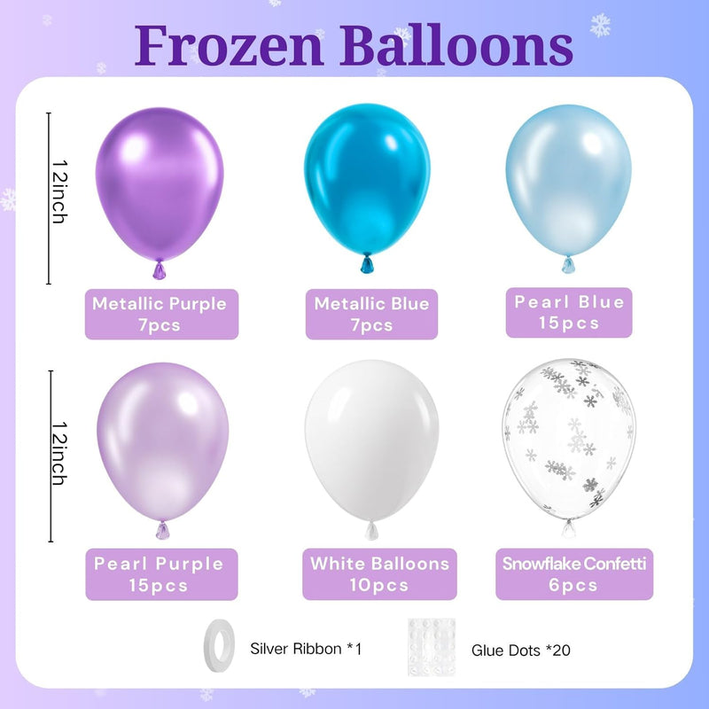 BAUANOOY 60pcs 12 inch Frozen Balloons Purple Blue Snowflake Confetti Party Supplies
