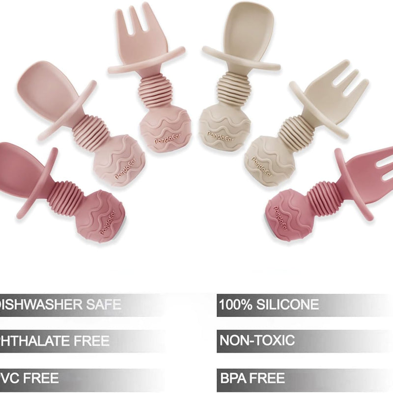 PandaEar 6 Pack Silicone Baby Spoons and Fork Feeding Set- Anti-Choke First Self Feeding Utensils for Baby Led Weaning Ages 3 Months -Pink