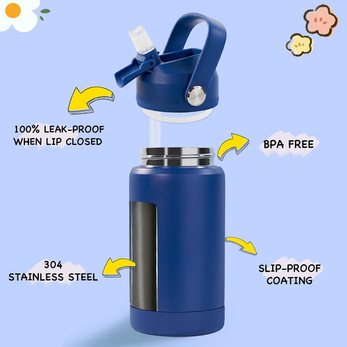Kerilyn 12oz Kids Water Bottle, Stainless Steel Insulated Water Bottle, Toddler Cup with Straws Leak-Proof, Kids Water Bottles for School Boys Girls, BPA Free, Blue