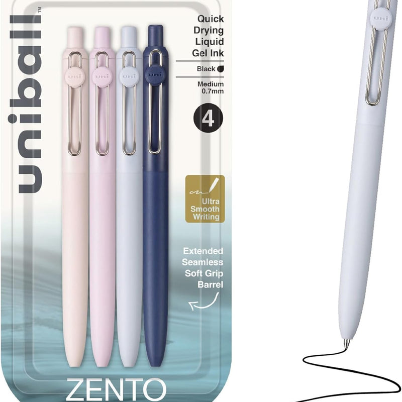 uniball™ Zento Gel Pens, Black Ink, 0.7mm Medium Point, Retractable, 4 Count, Smooth Writing, Quick-Drying, No Smear, No Bleed, Muted Barrel Colors