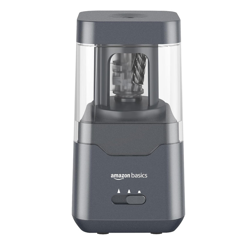 Amazon Basics Portable Electric Pencil Sharpener, Easy to Use, Versatile, Helical Blade, Auto Stop, Battery/USB Cord Operated, Black, 2.87 x 2.87 x 5.3 in